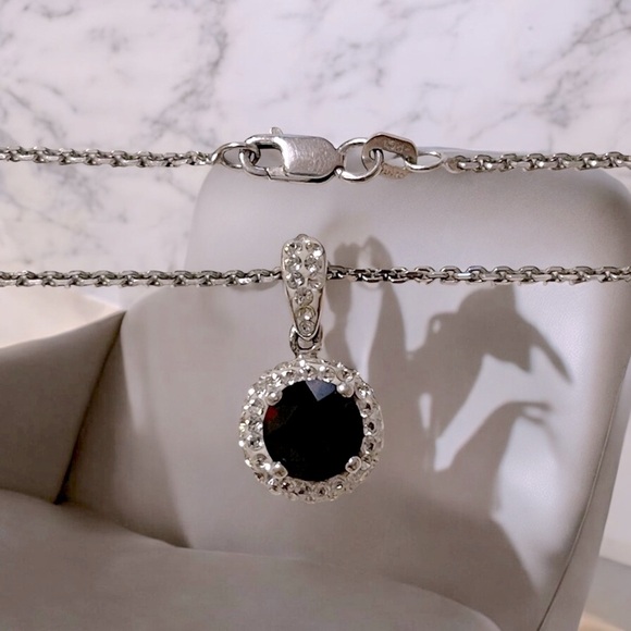 Sterling Silver with Sapphire Halo Pendant Necklace on 18" Rope Chain. - Picture 3 of 5